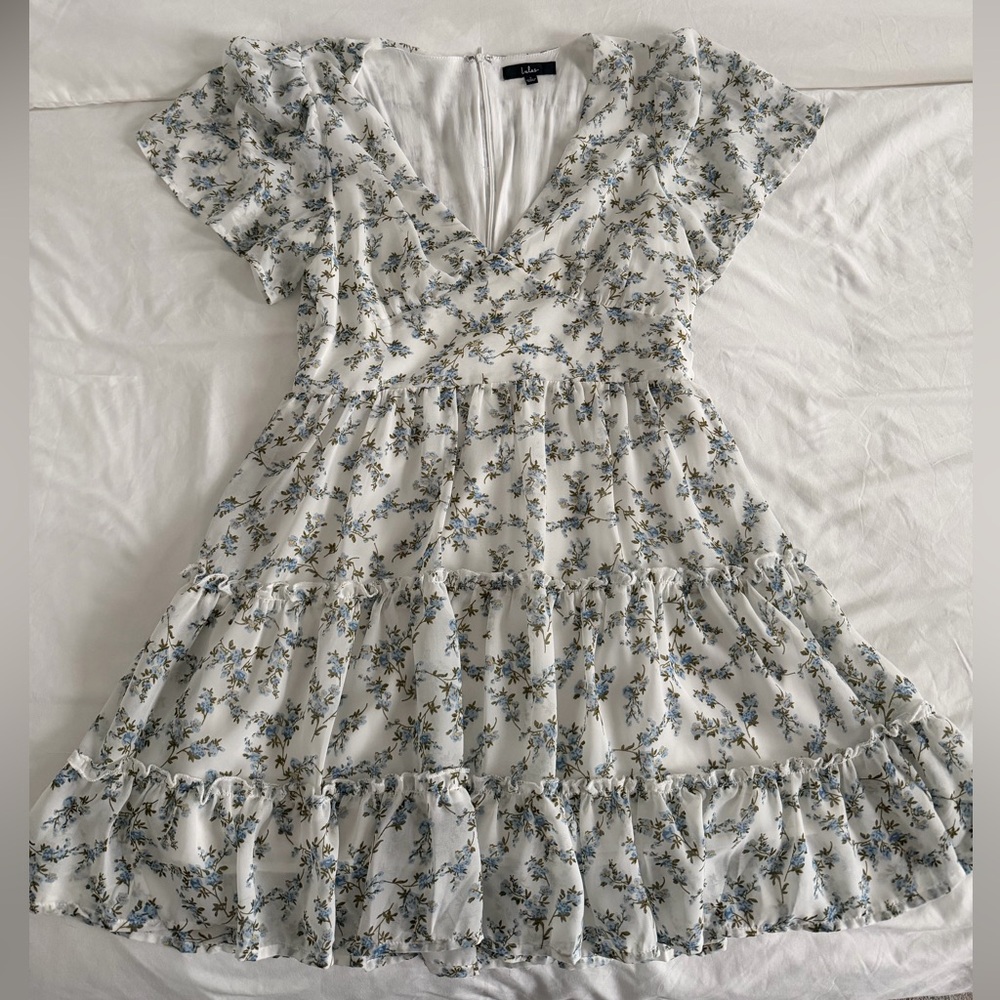 Lulu's White and Blue Floral Mini Dress